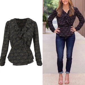 BNWT Cabi 2021 Eros Blouse #4154 Heart Print Ruffles Long Sleeve Black Medium